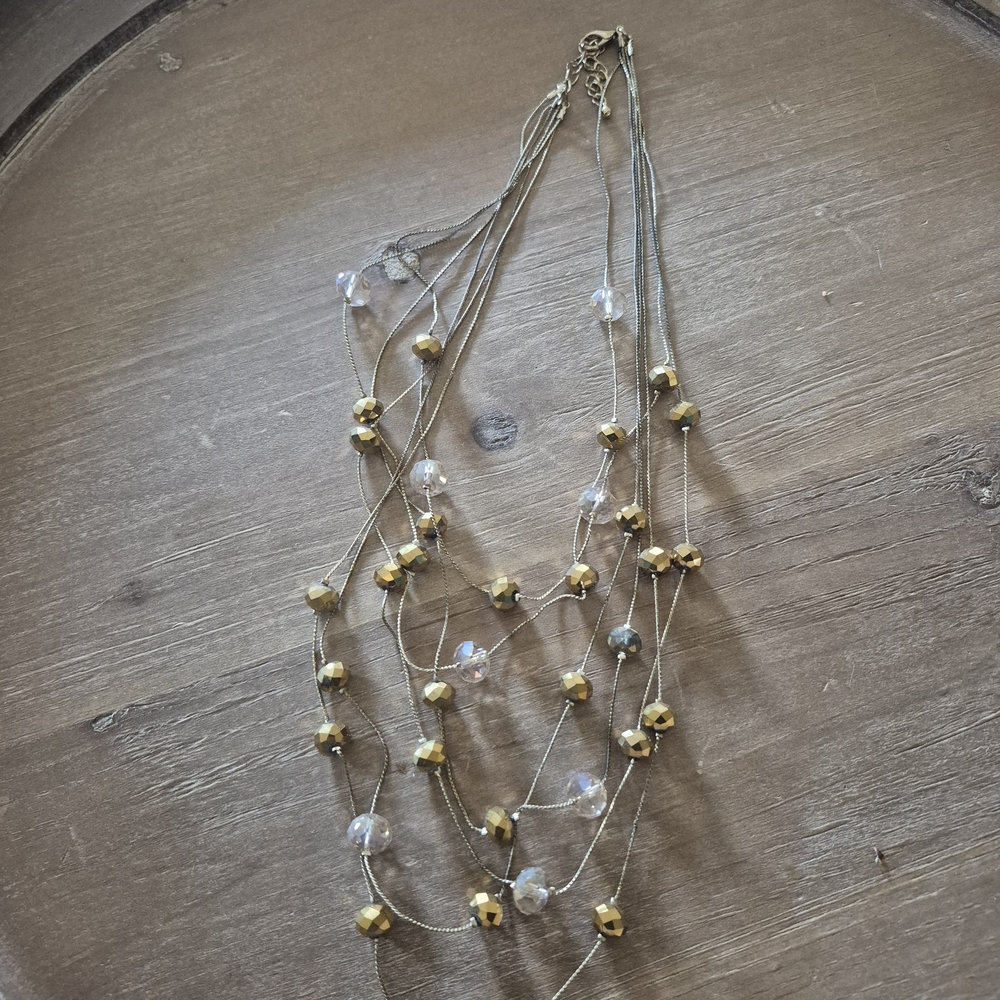 Layered Gold Bead and Crystal Multi-Strand Necklace - Women Jewelry